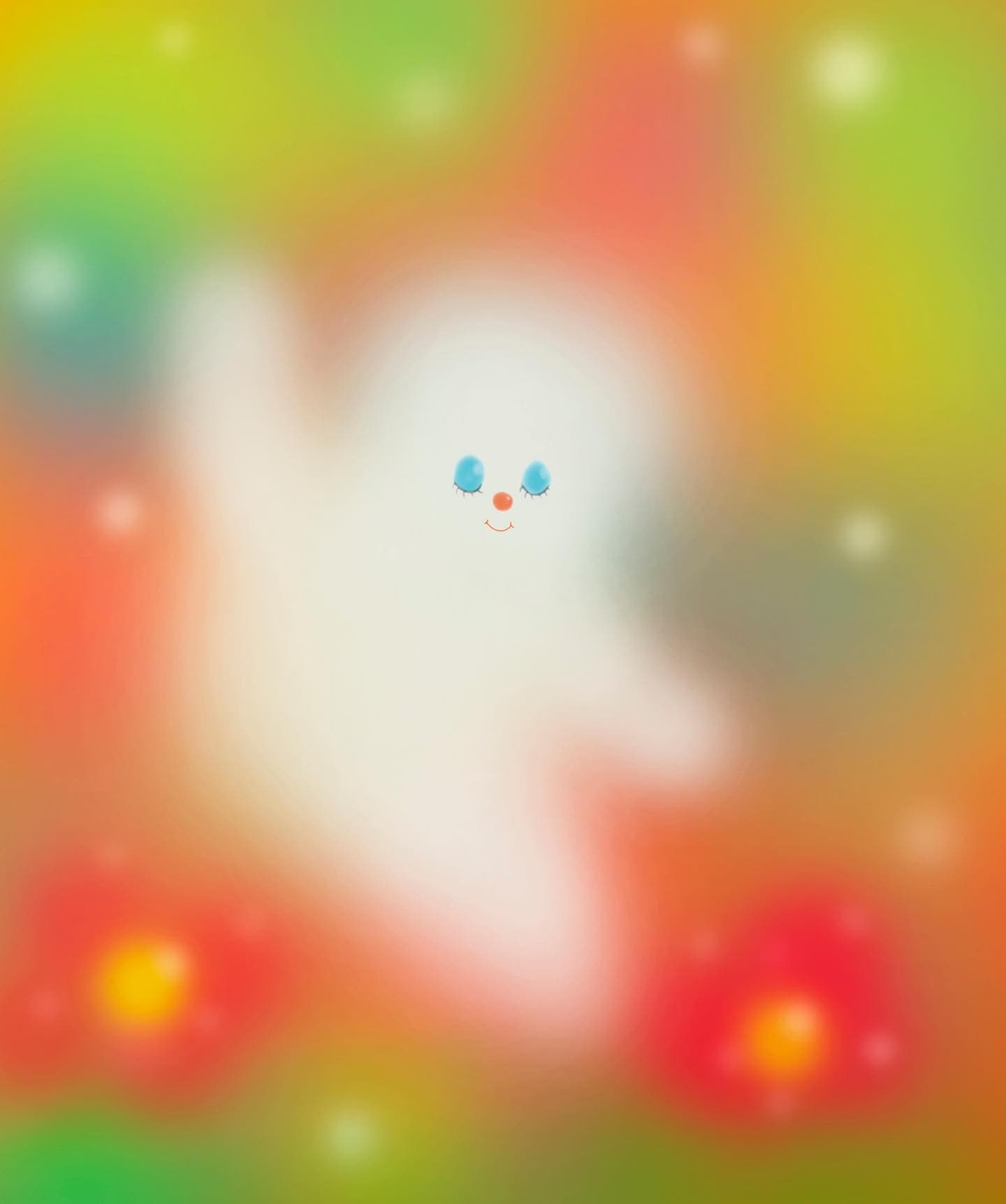 Artwork of a white cloud-like figure with eyes on a green and yellow background.